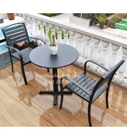 Bộ bàn ghế cafe sân vườn ngoài trời nhôm đúc gỗ nhựa BAS38