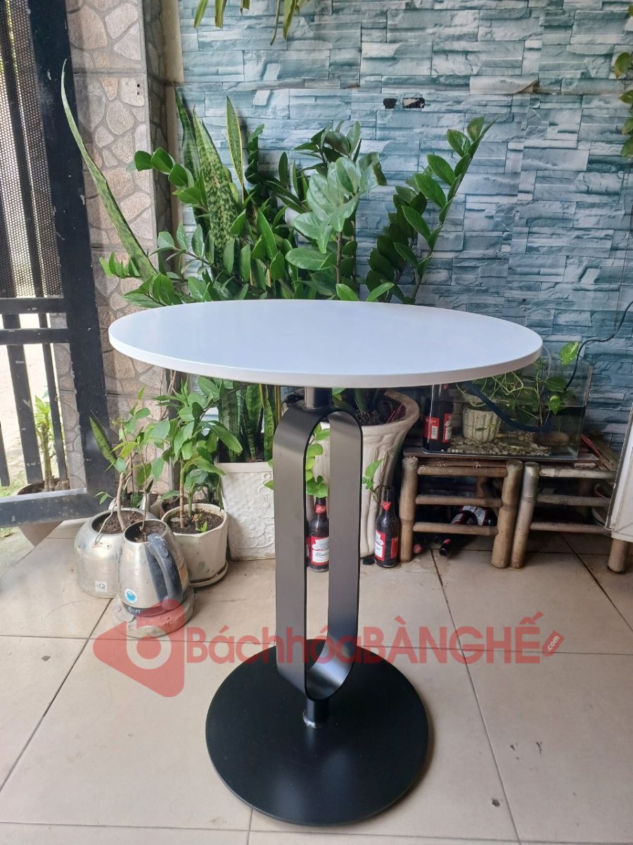 Bàn tròn cafe chân sắt decor mặt gỗ MDF màu trắng BS60
