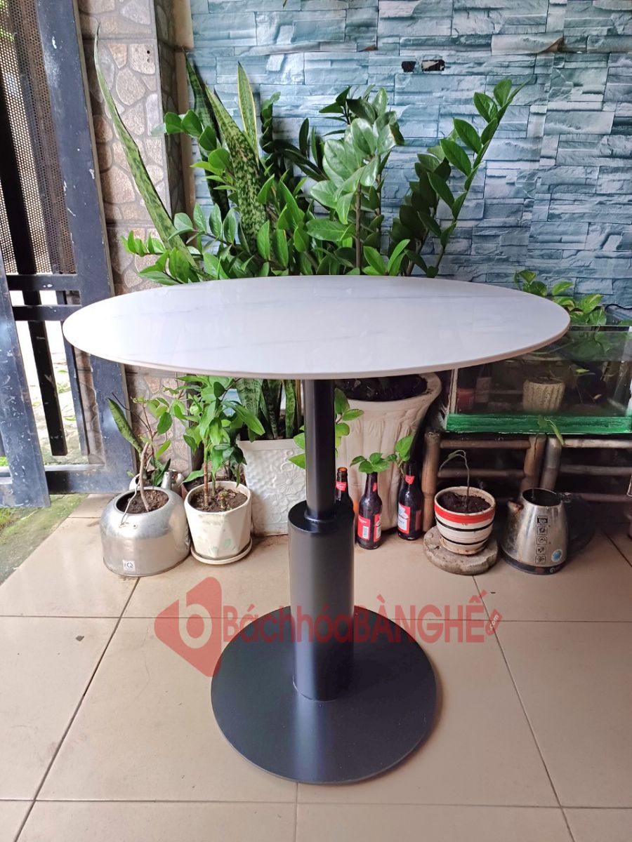 Bàn tròn cafe chân sắt decor mặt gỗ MDF màu trắng BS73