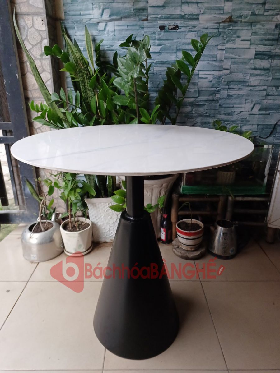 Bàn tròn cafe chân nón decor mặt đá màu trắng BS74