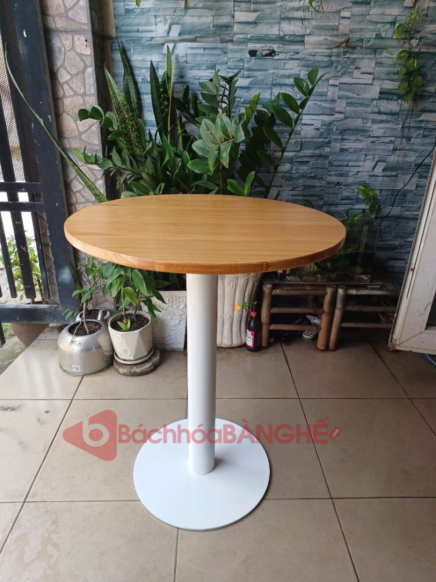 Bàn tròn cafe mặt gỗ chân trụ sắt màu trắng BS80