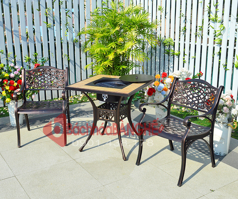 Bộ bàn vuông nhôm đúc có bếp nướng than sân vườn ngoài trời 177